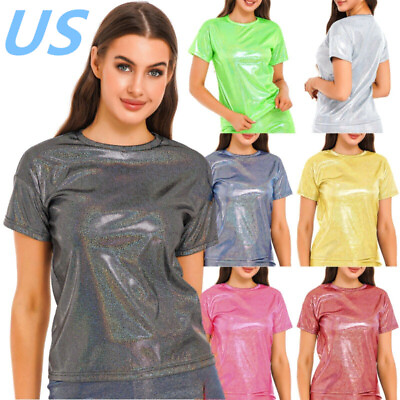 #ad US Womens Sparkle Tee Shirts Short Sleeve Round Neck Pullover Rave Party Tops $9.95