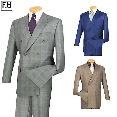 #ad VINCI Men#x27;s Glen Plaid Double Breasted 6 Button Classic Fit Suit NEW $120.00