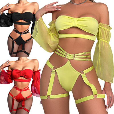 #ad New Hot Womens Cut Out Lace Mesh Off Shoulder Sexy Lingerie Set with Thigh Strap $10.99