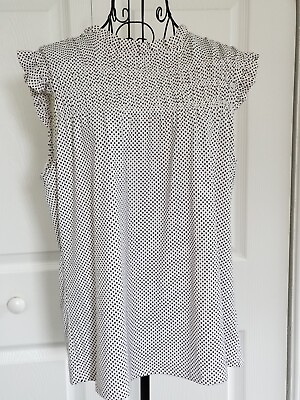 #ad Adrianna Papell Ivory Black Small Dot Smocked Front Sleeveless Ruffle Top Size L $32.26