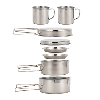 #ad 8PCS Camping Cookware Mess Kit Stainless Steel Picnic Pot Pan Cup Gear D5Z1 $17.39