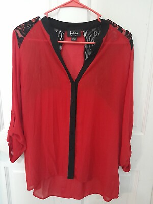 #ad Womens By amp; By Red Sheer Over Shirt With Black Lace Size Large $14.00
