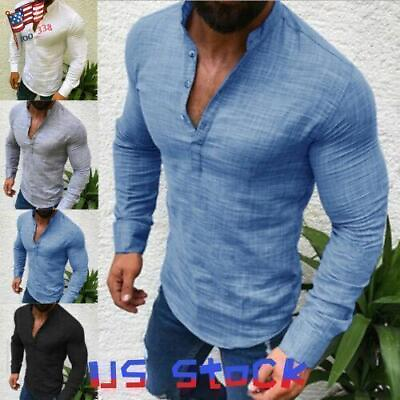 #ad Mens Fashion Shirt T shirts shirts Cotton Pullover Solid Button Long Sleeve Tops $13.39