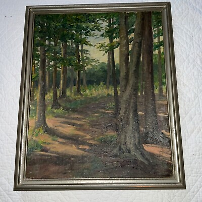 #ad Vintage forest landscape original oil PAINTING trees by Leib $228.00