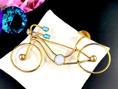 #ad TAKE ME FOR A SPIN GOLD TONE RHINESTONE FAUX OPAL CABOCHON WIRE BICYCLE BROOCH $39.95