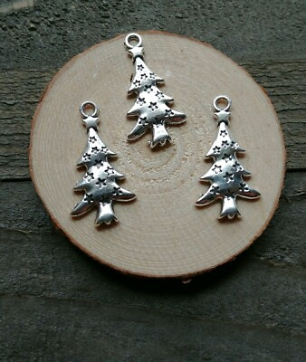 3 Christmas Tree Charms Pendants Antiqued Silver Christmas Charms Findings 27mm $2.50