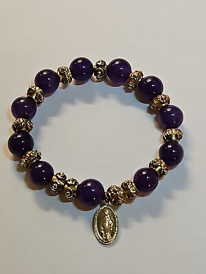#ad Vintage Rosary Bracelet Purple and Silver Tone Beads 7quot; Stretchy Band $19.99