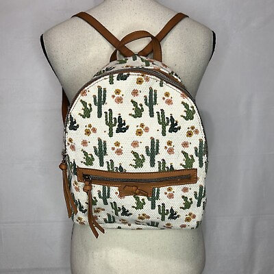 #ad #ad Cactus Print Canvas Backpack Small Inner Outer Pockets $15.99