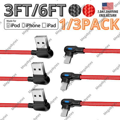 #ad 1 3 PACK 90° Angle USB Fast Charger Cable Quick Charging For iPhone 14 13 12 11 $6.60