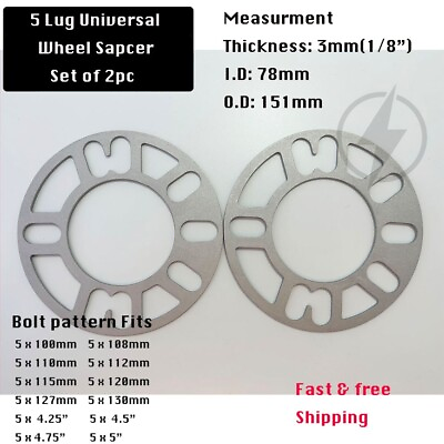 #ad 2Pc Wheel Spacers 3mm Thick Universal Fits 4 Lug amp; 5 Lug 78mm Center Bore $10.85