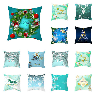 #ad Pillows Blue cushion Decor Christmas cover sofa linen throw Home Cotton case for $7.76