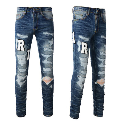 #ad New Word Embroidery Men#x27;s Pants Skinny Knee Hole Stretch Blue Jeans AM1314C $58.01