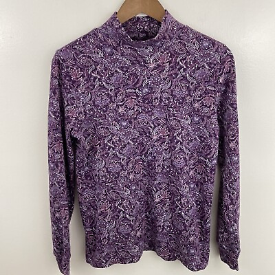 #ad Lands End Top Shirt Women#x27;s S Relaxed Fit Purple Floral Print Long SLV Mock Neck $9.95