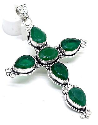 #ad 925 Sterling Silver Emerald Gemstone Handmade Jewelry Cross Pendant Size 2.10 $12.31
