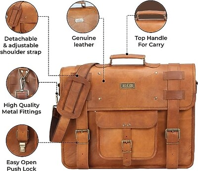#ad Men#x27;s Goat Leather Messenger Real Satchel Bag Genuine Laptop Brown Briefcase Bag $64.59