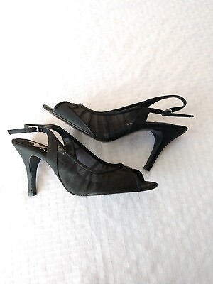 #ad Nina Black Heel Shoe Open Toe Open Heel Netting Sides Size 7.5 Slingback $12.95