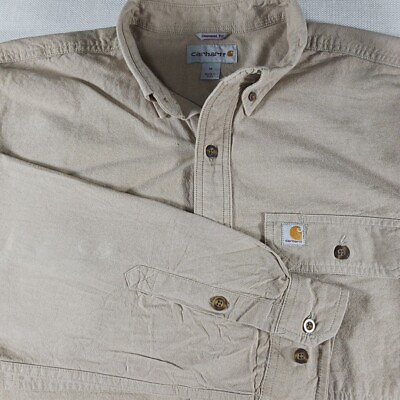 #ad Carhartt Original Fit Button Down Long Sleeve Shirt Cambray Tan Men#x27;s Sz Medium $18.99