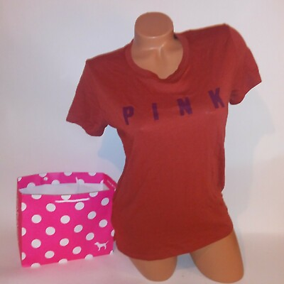 #ad Victoria Secret PINK T Shirt Burnt Orange Short Sleeve Logo Solid Small New $34.95