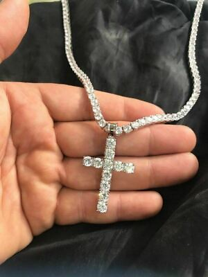 #ad 4mm Single Row Tennis Chain W. Cross Solid 925 Sterling Silver CZ Necklace $181.87