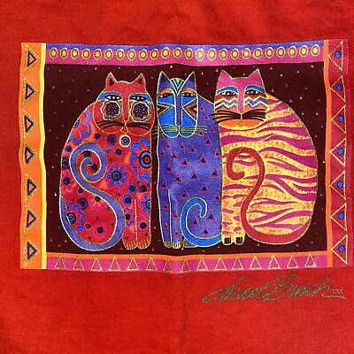 #ad Vintage Laurel Burch Shirt Womens XL Red Tribal Cat Graphic Art USA Artistic 90s $24.88