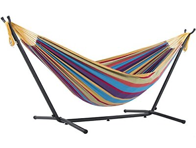 #ad Double Cotton Hammock with Space Saving Steel Stand Tropical 450 lb Capacity $107.45