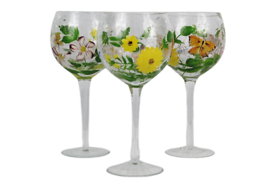 #ad Laurel Hill Set of 3 Goblets Glassware Hand Painted Floral Butterfly Motif 18 Oz $27.99