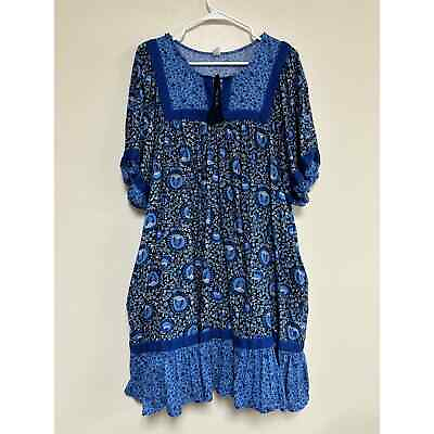 #ad Old Navy Dress Cottage Peasant Tassels Balloon Sleeves Blue Floral Size XXL $24.00