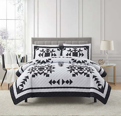 #ad Black amp; White Flying Geese 7 Piece Quilt Set with Sheets Queen $33.93