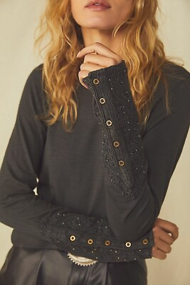#ad Free People Women#x27;s Hooked on the Cuff Long Sleeve Top in Washed Black XS $98 $29.40
