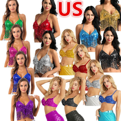 #ad US Women Sparkle Glitter Sequin Bra Top Rave Dance Tops Belly Dancing Crop Tops $10.29