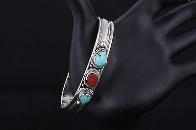 #ad STERLING SILVER CUFF BRACELET W TURQUOISE amp; RED STONES 925 VINTAGE 7541 $200.00