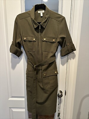 #ad Dress Barn Utility Safari Style Dress In Olive Green With Gold Zipper And Button $17.99