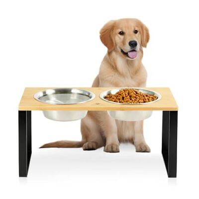 #ad Elevated Dog Bowls for Medium Large Sized Dogs Raised Feeding Station Bamboo ... $48.77