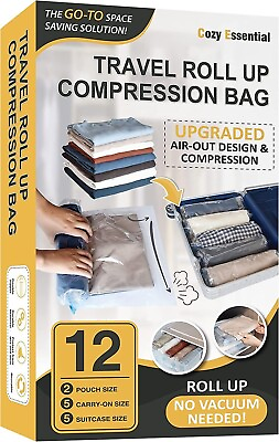 #ad Travel Compression Bags 12 Pack Roll Up Travel Space Savers Vacuum Packing $16.99