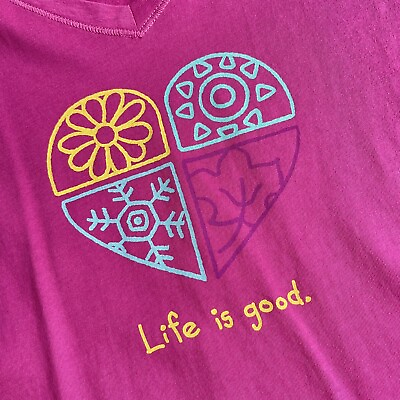 #ad Life Is Good Womens Size Small Pink Heart Seasons V Neck Classic Fit T Shirt NWT $22.98