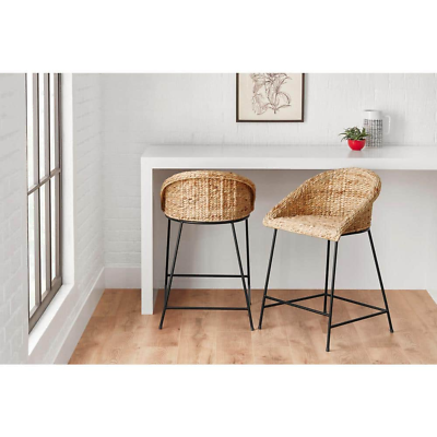 #ad Natural Woven Hyacinth Counter Stool with Low Back Durable Black Metal Legs $184.99