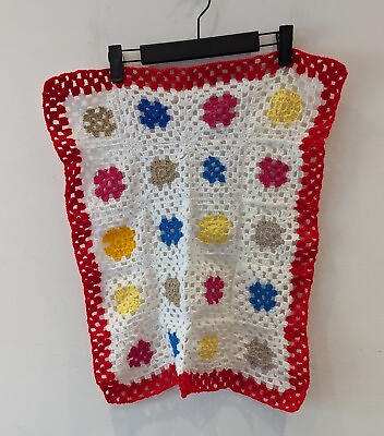 #ad Hand Knitted Crochet Baby Blanket Small Red White And Multi 17x22cm VGC Retro GC GBP 9.99