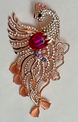 #ad Hot Pink Parrot Bird Peacock Crystal Glass Rhinestone Brooch Pin Rose Tone Clear $11.99