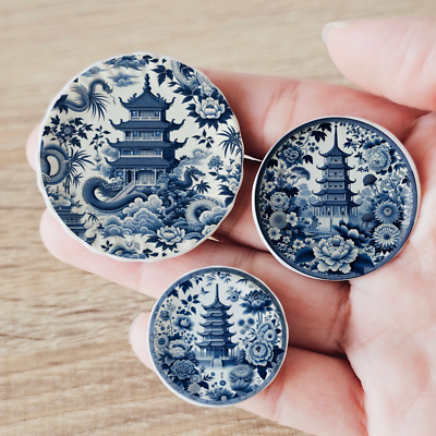 #ad Miniatures Ceramic Blue Pagoda Chinoiserie Plates Collectable Handmade Set 3Pcs $22.99