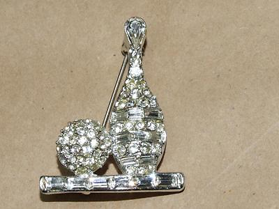 #ad Vintage Rhodium Plated Baguette Glass Rhinestone Bowling Pin amp; Ball Pin Brooch $35.00