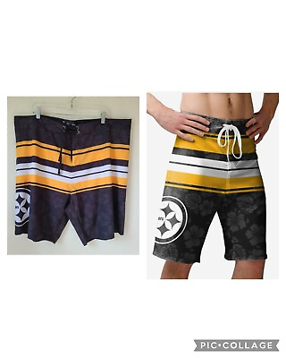 #ad Pittsburgh Steelers Hibiscus Boardwalk Stripe Boardshorts 2XL NWOT Swim Trunks $22.00