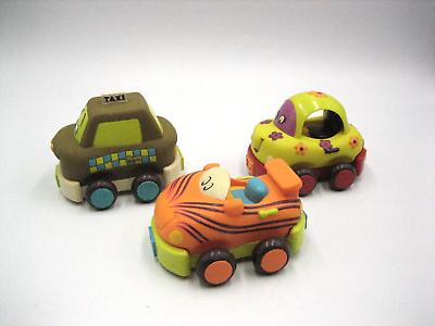 #ad Battat Just B Toys Wheels Pull Back Car Toy Lot of Three 3 Taxi Flower Tiger $9.95