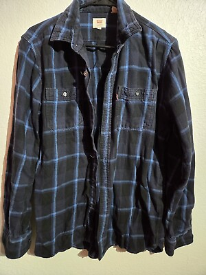 #ad Levis Button Down Flannel Shirt Size Medium Blue Plaid Retro Design Long Sleeve $9.99