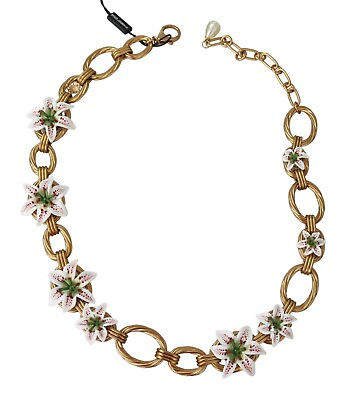 #ad DOLCE amp; GABBANA Necklace Gold Brass Oversize Chain LILY Flowers RRP $2800 $349.50