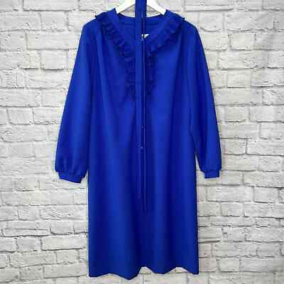 #ad Mendel Vintage 60s 70s Blue Shift Dress Ruffle Button Belt L XL Long Sleeve $63.96