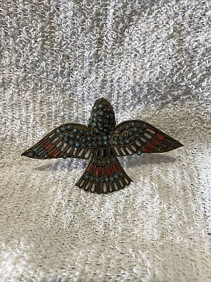 #ad Handmade Brass Turquoise Coral Glass Decorated Bird Ornament Middle Eastern $135.00