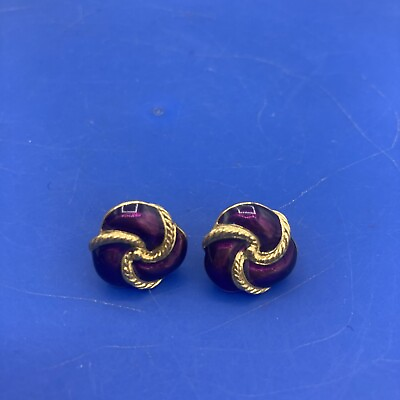 #ad Vtg Signed Trifari Purple Enamel Swirl Gold Tone Knot Pierced Earrings Flower $16.99