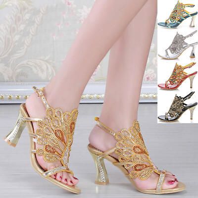 #ad Women Peacock Rhinestone High Heel Wedding Evening Bride Dress Sandal Shoes Part $86.03