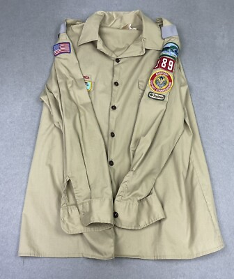 #ad Boy Scout of America Uniform Long Sleeve Shirt Adult Large Sewn Patches $29.95