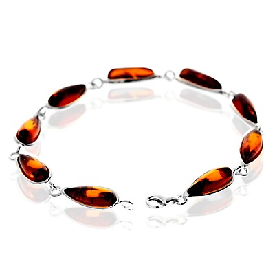 #ad 925 Sterling Silver amp; Genuine Baltic Amber Classic Link Bracelet G502 GBP 77.99